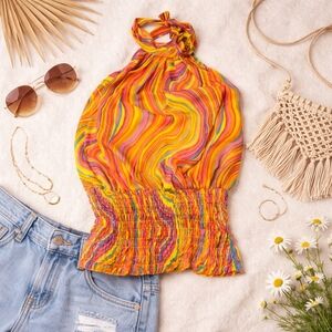 Nado Boho Feminine Festival Halter Top M Striped Tie Neck Y2K 90s